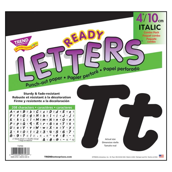 TREND Black 4-Inch Italic Uppercase/Lowercase Combo Pack (EN/SP) Ready Letters