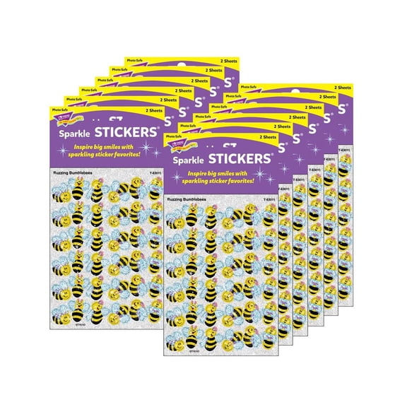 TREND Buzzing Bumblebees Sparkle Stickers, 72 Per Pack, 12 Packs