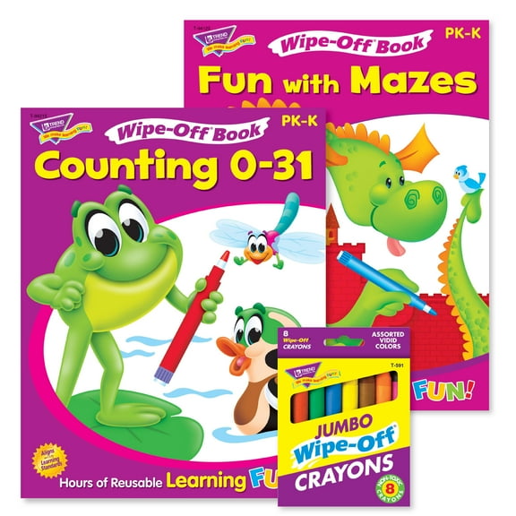 TREND Counting 0-31 & Fun With Mazes Books and Crayons Reusable Wipe-Off Activity Set