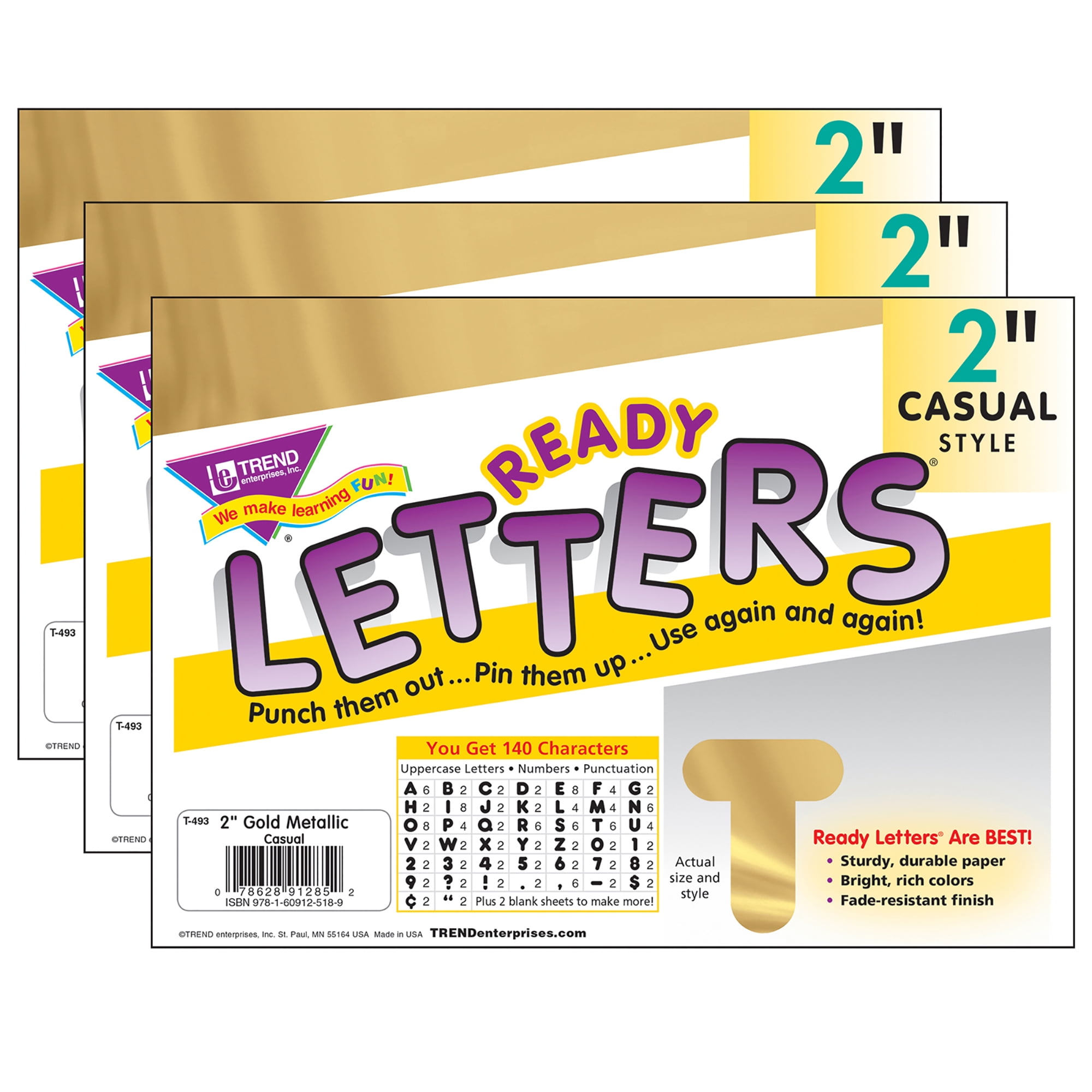 TREND Gold Metallic 2-Inch Casual Uppercase Ready Letters, 426 Pieces