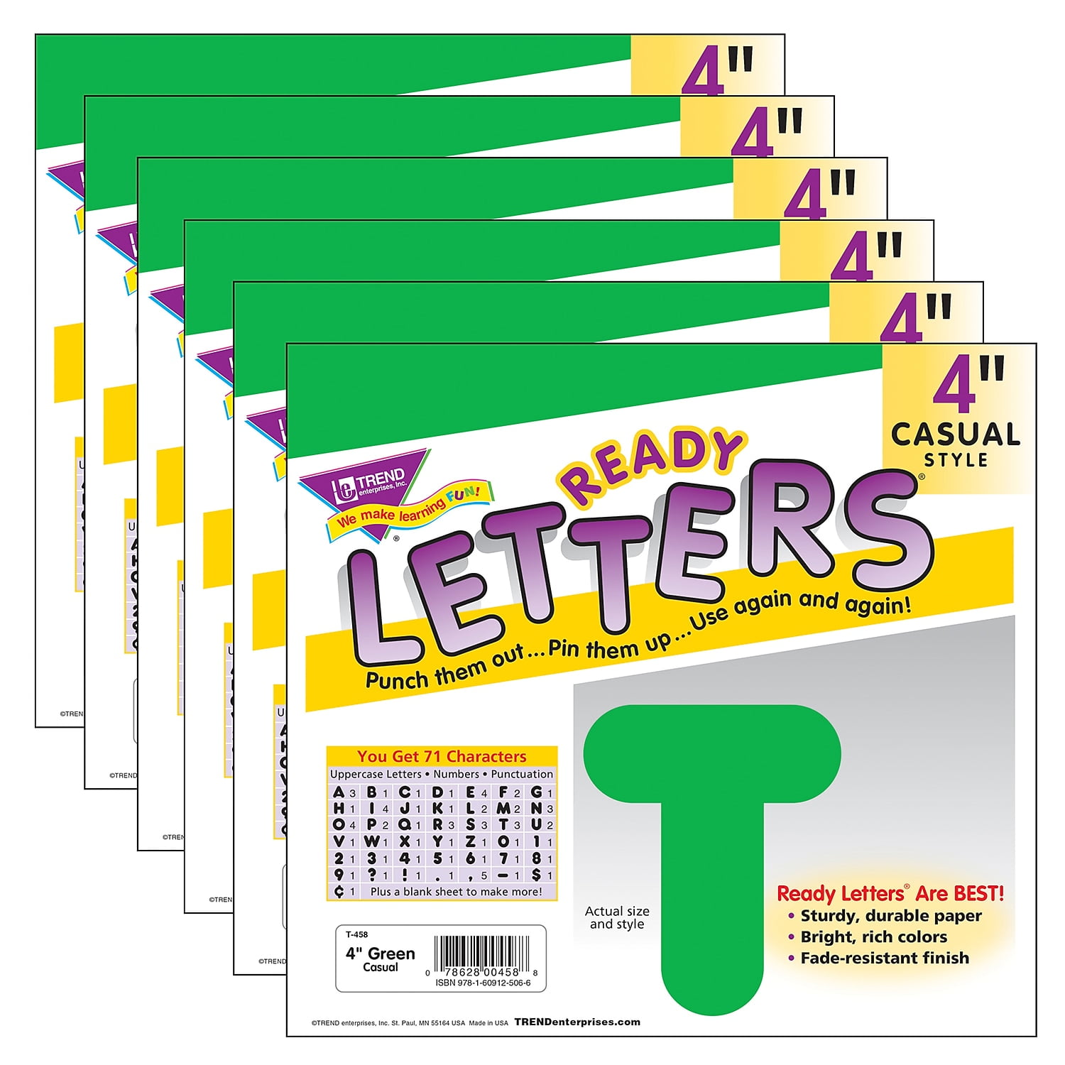 TREND Green 4" Casual Uppercase Ready Letters, 6 Packs