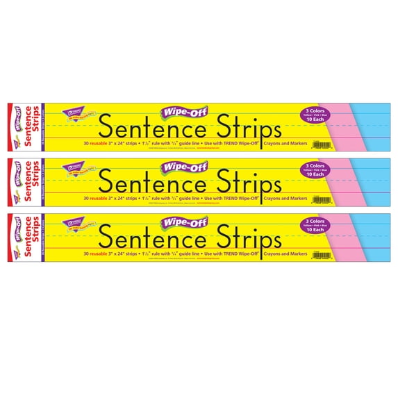 TREND Multicolor Wipe-Off Sentence Strips, 24", 30 Per Pack, 3 Packs