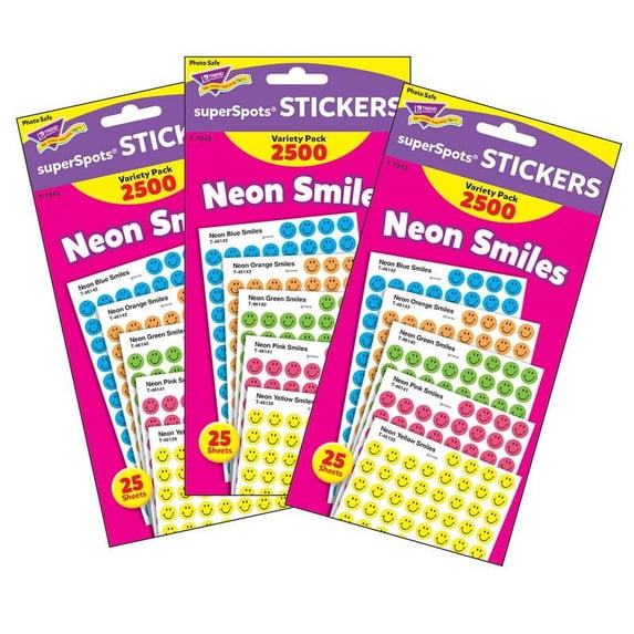 TREND Neon Smiles superSpots Stickers Variety Pack, 2500 Per Pack, 3 Packs