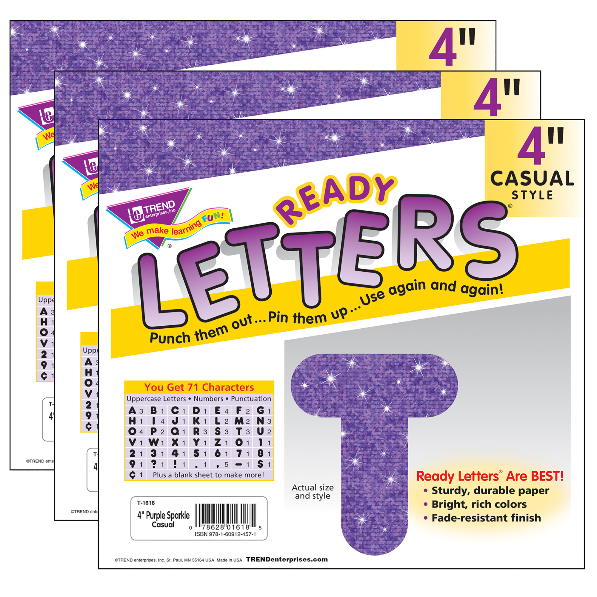 TREND Purple Sparkle 4-Inch Casual Uppercase Ready Letters, 216 Pieces