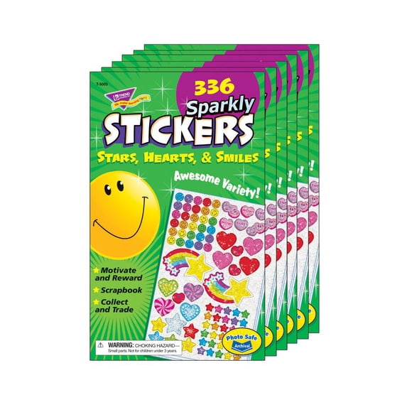 TREND Sparkly Stars, Hearts, & Smiles Sticker Pad, 336 Stickers Per Pad, 6 Pads
