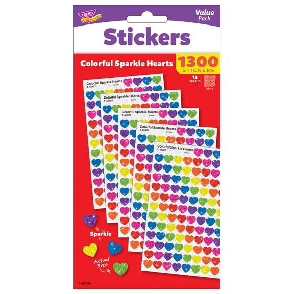 TREND: SuperShapes: Sparkle Hearts - 1300ct Sticker Value Pack, 13 Sheets, Classic Mini Hearts In 7 Bright Colors, Sized For Charts-Crafts-Reward