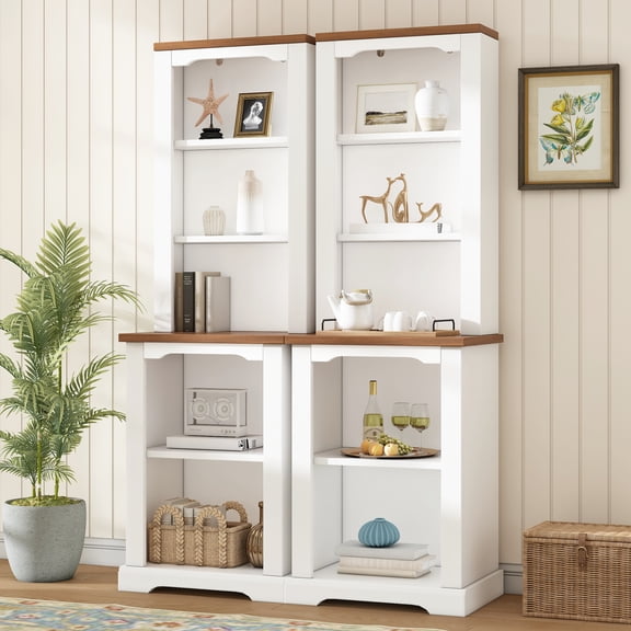 Dokea Two Piece Elegant Freestanding Tall Cabinet - Walnut Bookshelf Storage, White - Storage Cabinet