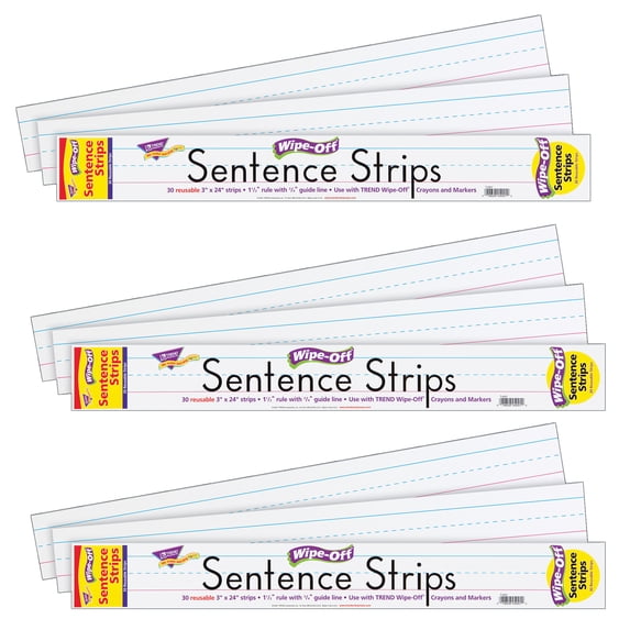 TREND Wipe-Off Sentence Strips, 3" x 24", White, 30 Per Pack, 3 Packs