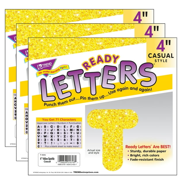 TREND Yellow Sparkle 4" Casual Uppercase Ready Letters, 71 Per Pack, 3 Packs
