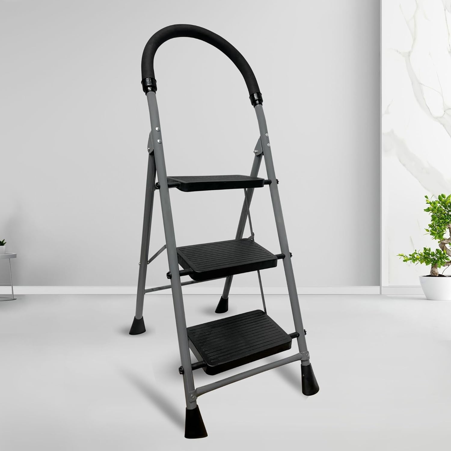 Heavy Duty 6-Step Folding Step Ladder With Handrail – Carbon Steel A-Frame, Wide Anti-Slip Pedals, Compact Storage, Grey