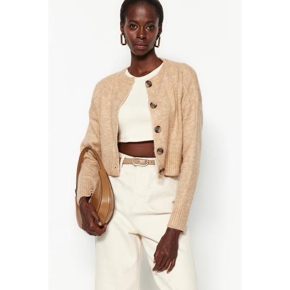 TRENDYOLMİLLA Women's Beige Plain Three-Quarter Sleeve Oversize Cardigans