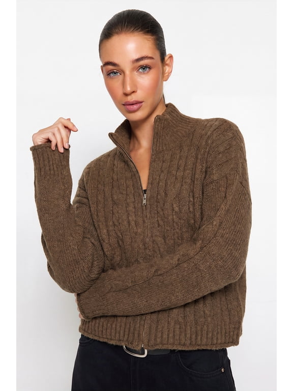 TRENDYOLMİLLA Women's Brown Cable knit Three-Quarter Sleeve Loose Cardigans