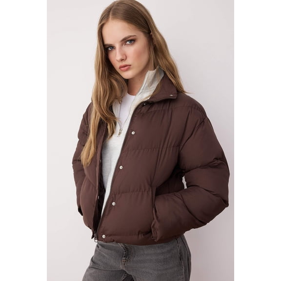 TRENDYOLMİLLA Women's Brown Plain Long Regular fit Winter Jackets