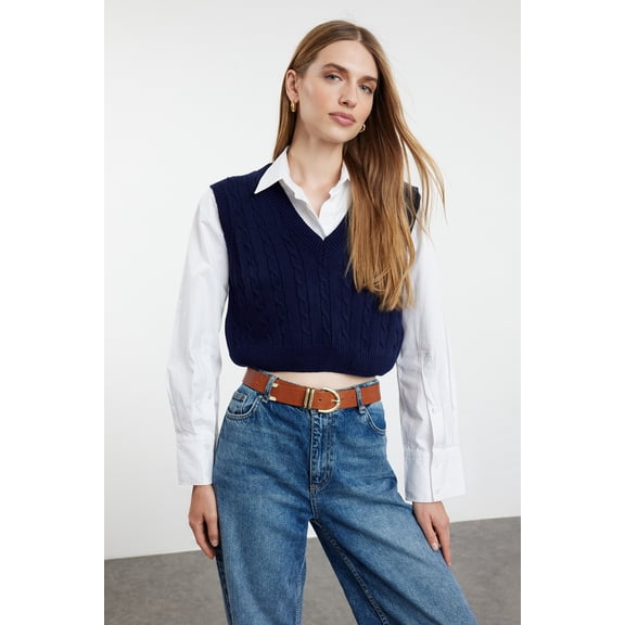 TRENDYOLMİLLA Women's Dark blue Cable knit Sleeveless Regular fit Sweater Vests
