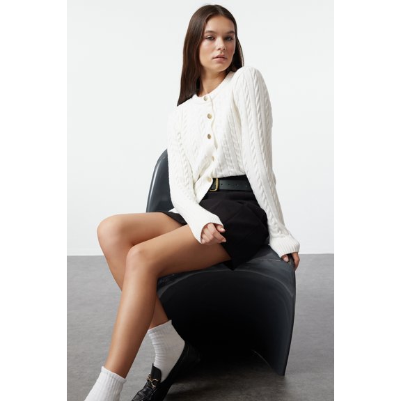 TRENDYOLMİLLA Women's Ecru Plain Long Regular fit Cardigans