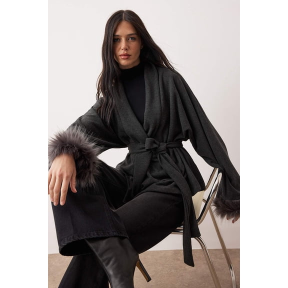 TRENDYOLMİLLA Women's Gray Plain Long Regular fit Jackets