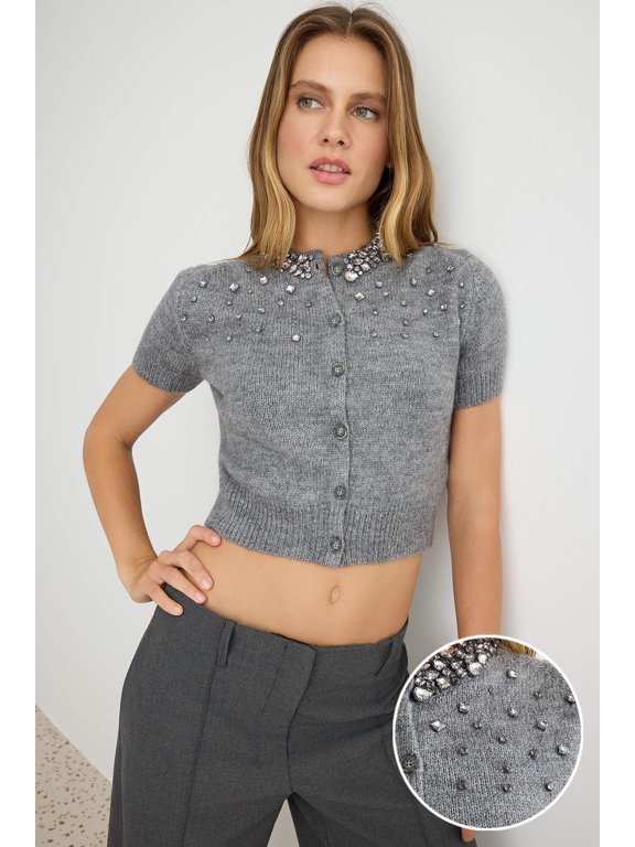 TRENDYOLMİLLA Women's Gray Plain Short Regular fit Cardigans