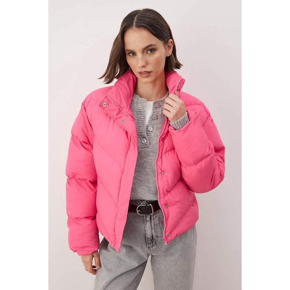 TRENDYOLMİLLA Women's Pink Plain Long Regular fit Winter Jackets