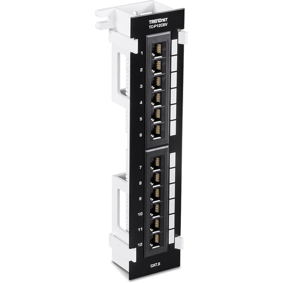 TRENDnet TC-P12C6V 12 Port Cat6 Patch Panel, Unshielded Patch Panel with Wall Mount and 89D Bracket, Black