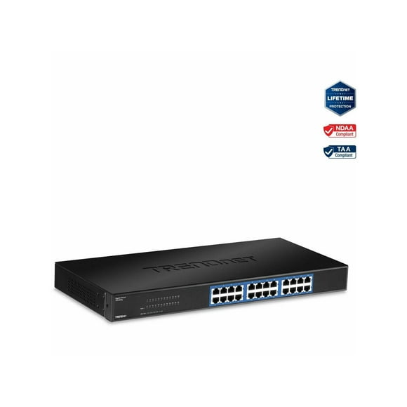 TRENDnet 24-Port Unmanaged Gigabit 10/100/1000 Mbps GREENnet Switch, 24 x Gigabit RJ-45 Ports, 48 Gbps Switch Fabric, Fanless, Metal Housing, Rack Mountable, Lifetime Protection, Black, TEG-S24G