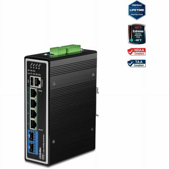 TRENDnet TI-BG62i, 6-Port Industrial Gigabit L2+ Managed PoE++ DINRail Switch