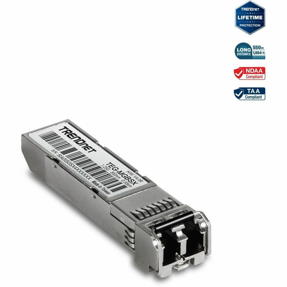 TRENDnet SFP Multi-Mode LC Module ; TEG-MGBSX; Multi-Mode; Mini-GBIC; Up to 550 M (1800 Ft); Compatible w/Standard SFP Slots; Hot Pluggable; IEEE 802.3z Gigabit Ethernet; Lifetime Protection