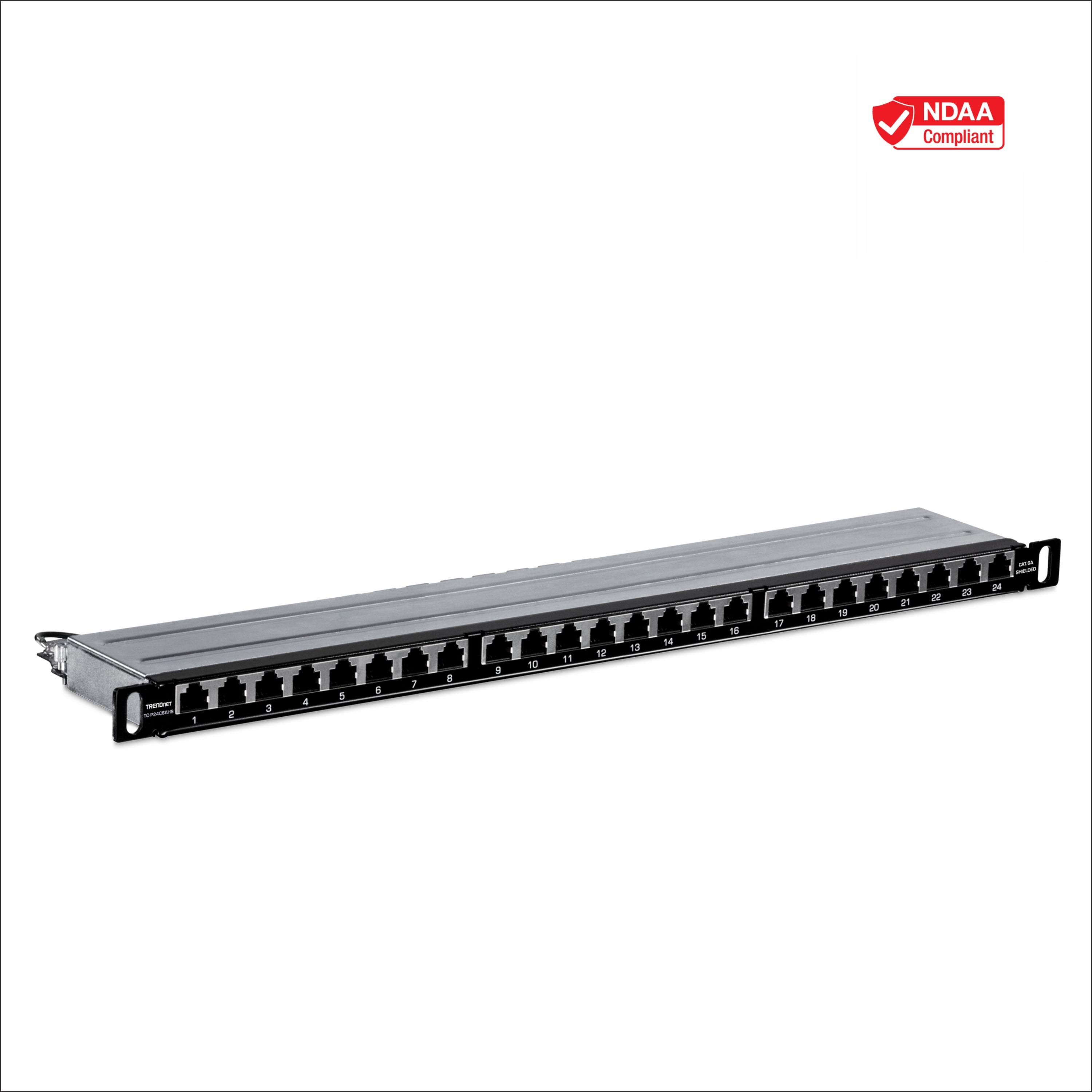 Produktbild von TRENDnet TC-P24C6AS – 24-Port Cat6A Geschirmtes Patchpanel, 1U 19", 10G-fähig, Mit Kabelmanagement