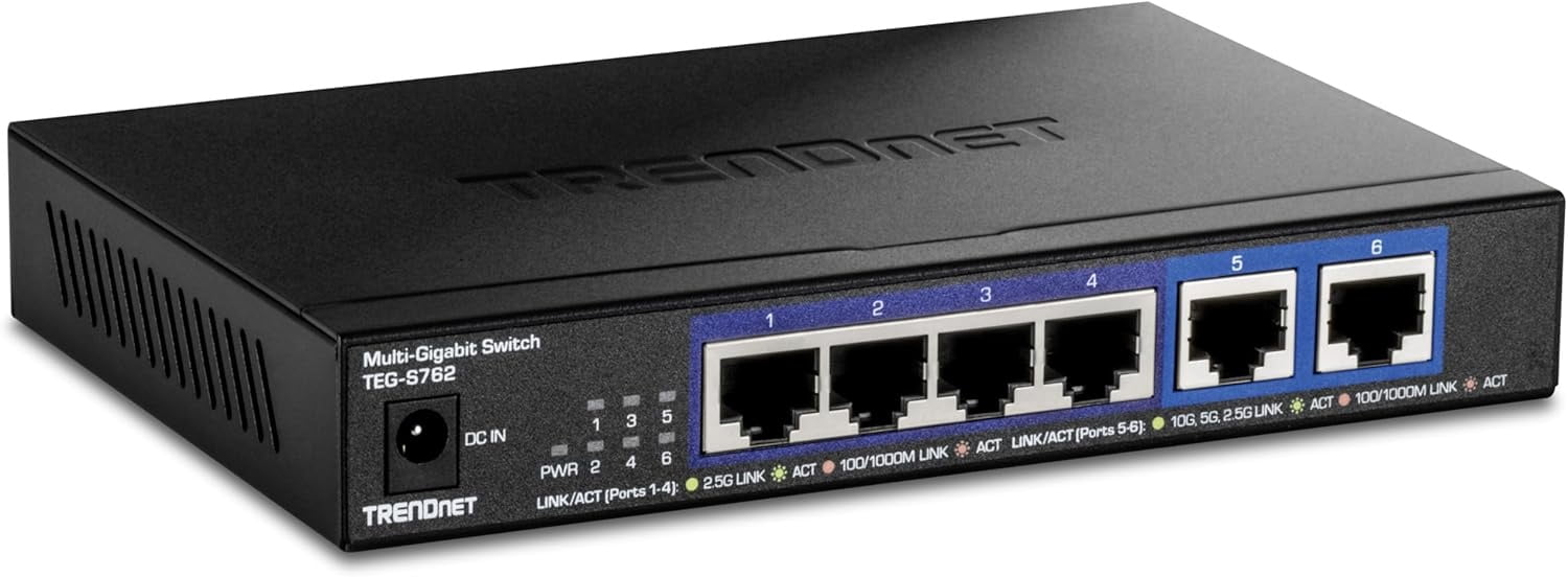 TRENDnet TEG-S762 6-Port Multi-Gig Network Switch with 2.5 G and 10 G for RJ45 Ports, Black