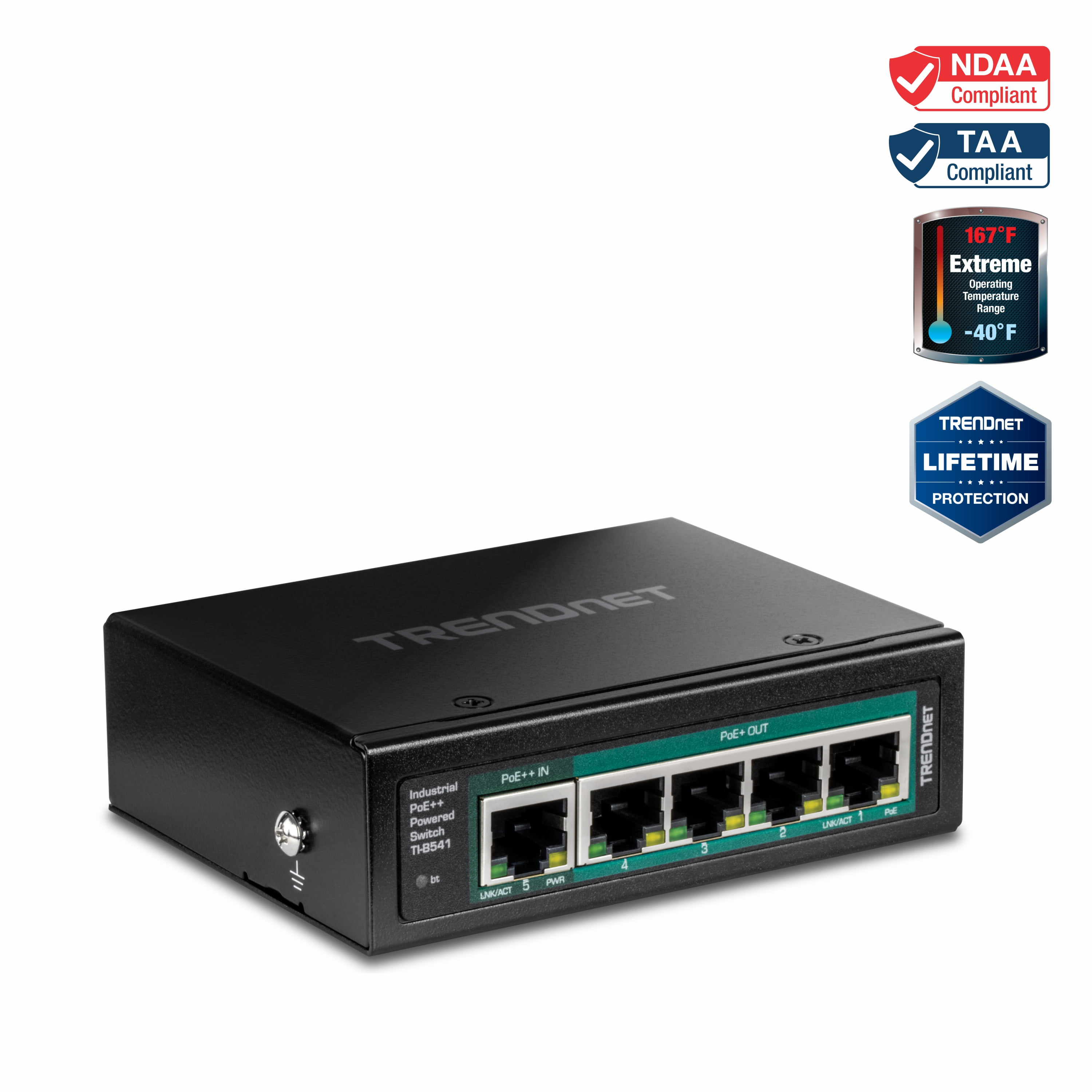 TRENDnet TI-B541 5-Port Industrial Gigabit PoE++ Powered DIN-Rail Switch with PoE Pass-Through