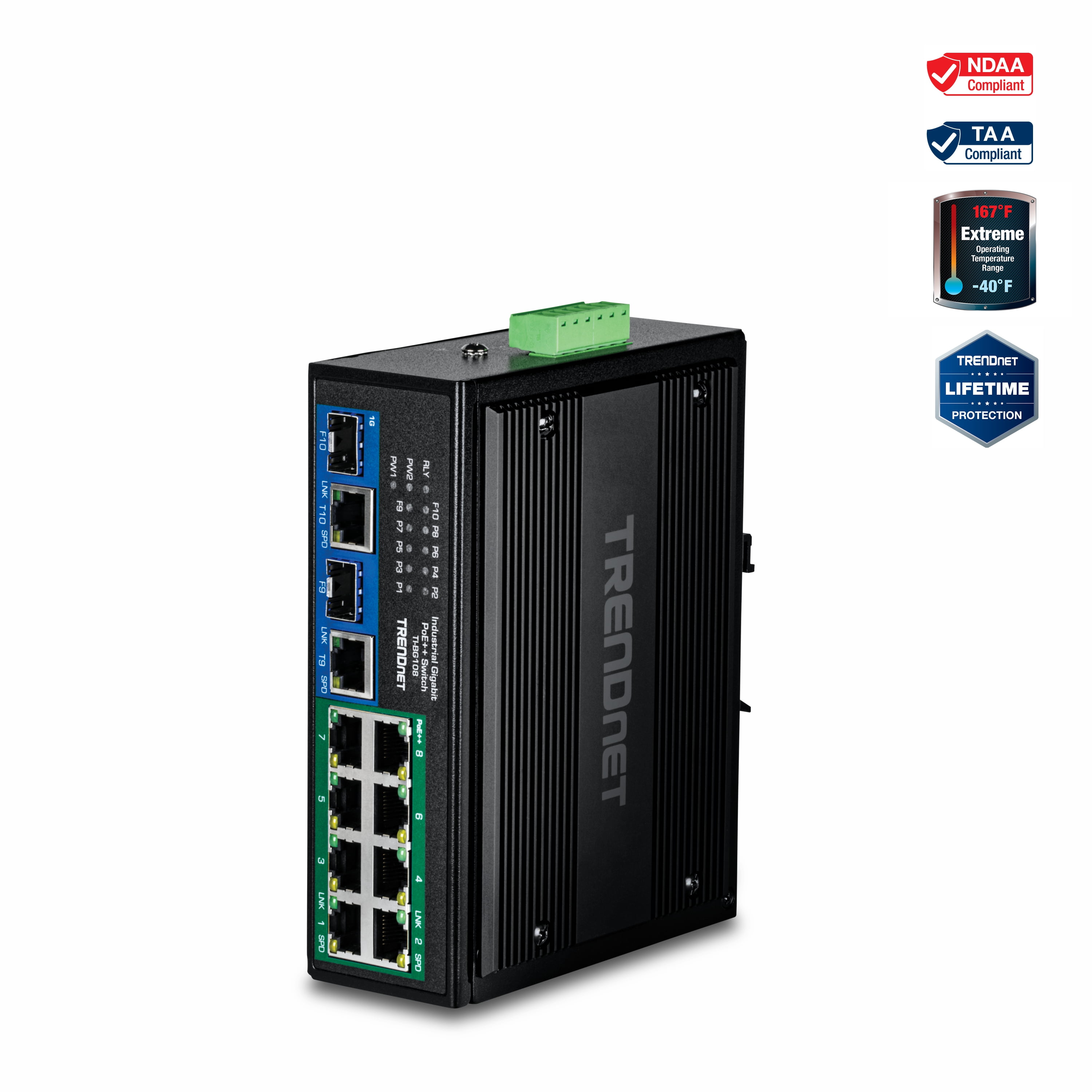 TRENDnet TI-BG108, 10-Port Industrial Gigabit 400W PoE++ DIN-Rail Switch