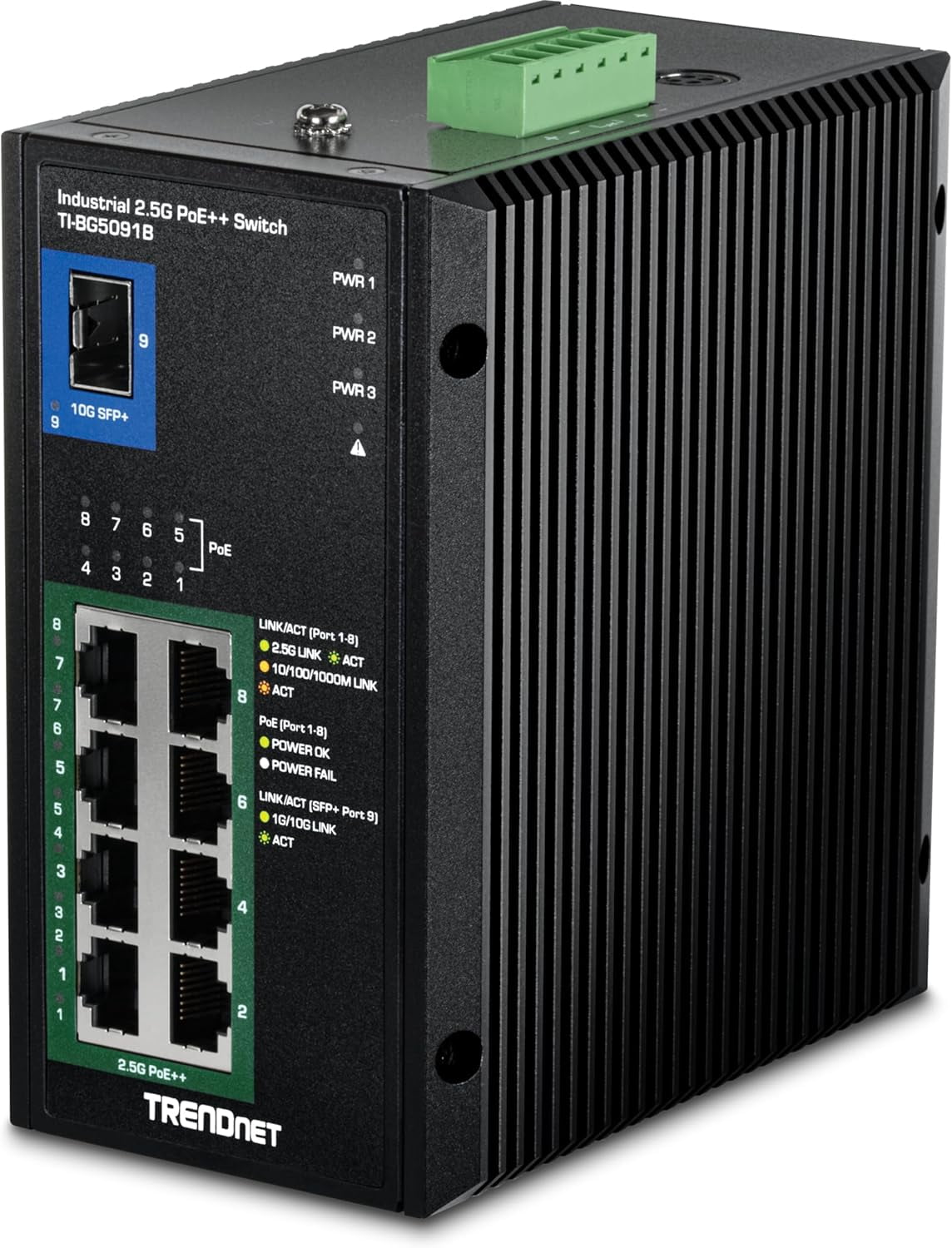 TRENDnet TI-BG5091B, 9-Port Industrial 2.5G DIN-Rail PoE++ Switch with 10G SFP+ Port (24 – 57V)