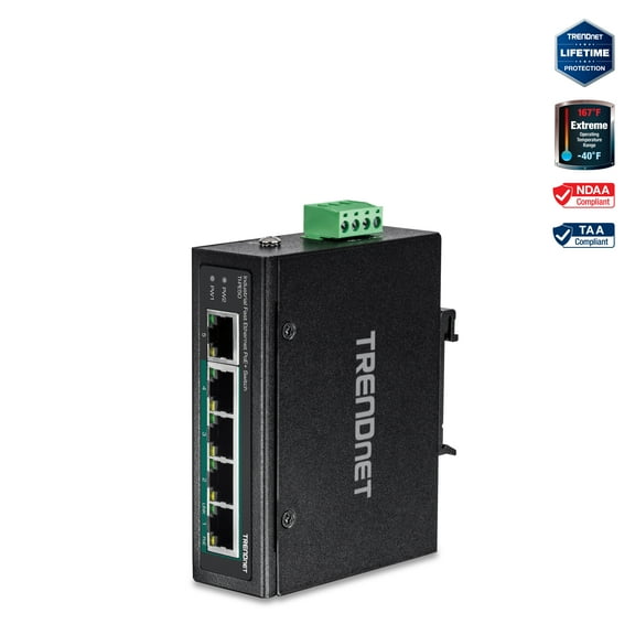 TRENDnet TI-PE50 5-Port Industrial Fast Ethernet PoE+ DIN-Rail Switch