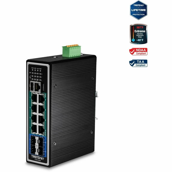 TRENDnet TI-PG1284i ,12-Port Industrial Gigabit L2 Managed PoE+ DIN-Rail Network Switch