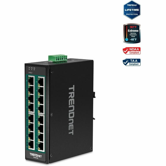 TRENDnet TI-PG160, 16-Port Hardened Industrial Gigabit PoE+ DIN-Rail Network Switch