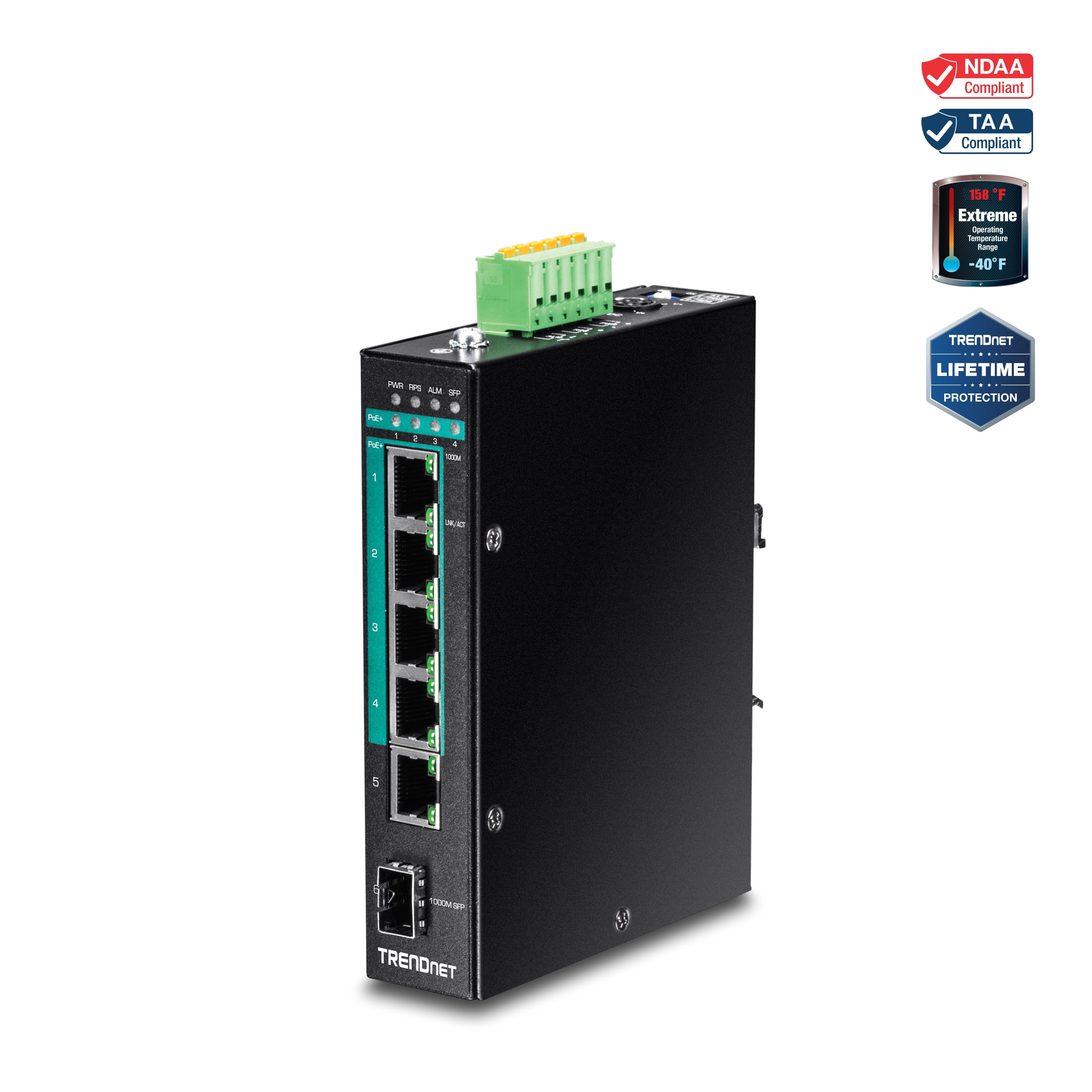 TRENDnet TI-PG541I, 6-Port Hardened Industrial Gigabit PoE+ Layer
 2 Managed DIN-Rail Switch