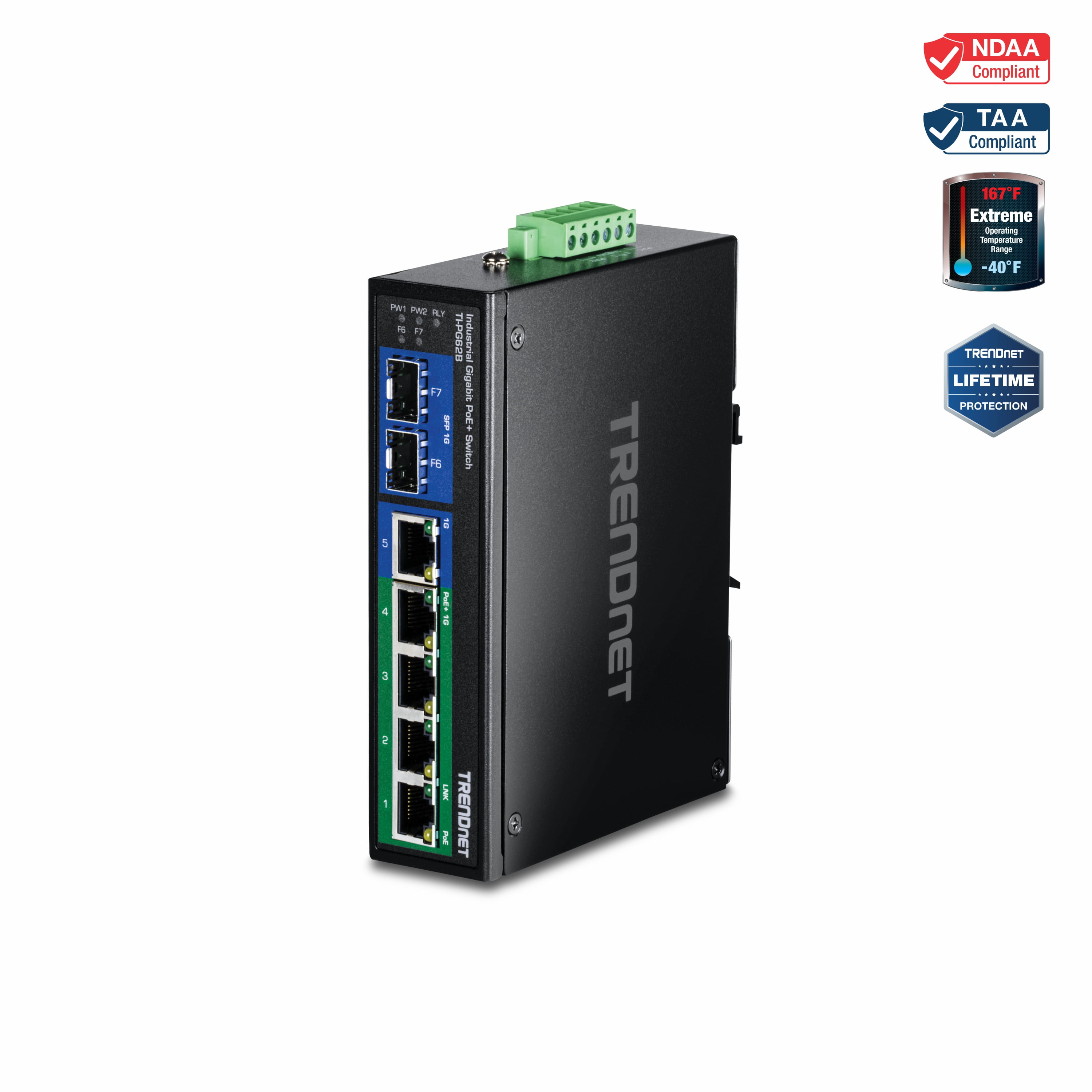 TRENDnet TI-PG62B, 6-Port Industrial Gigabit PoE+ DIN-Rail Network Switch