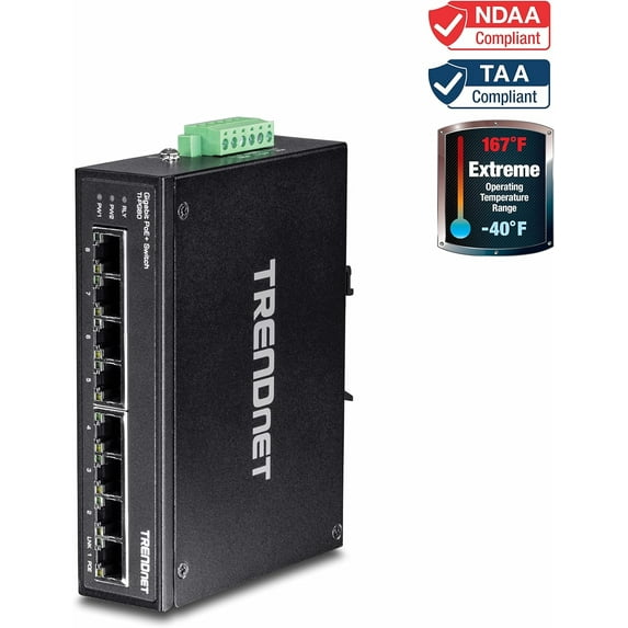 TRENDnet TI-PG80 8-Port Industrial Gigabit PoE+ DIN-Rail Switch