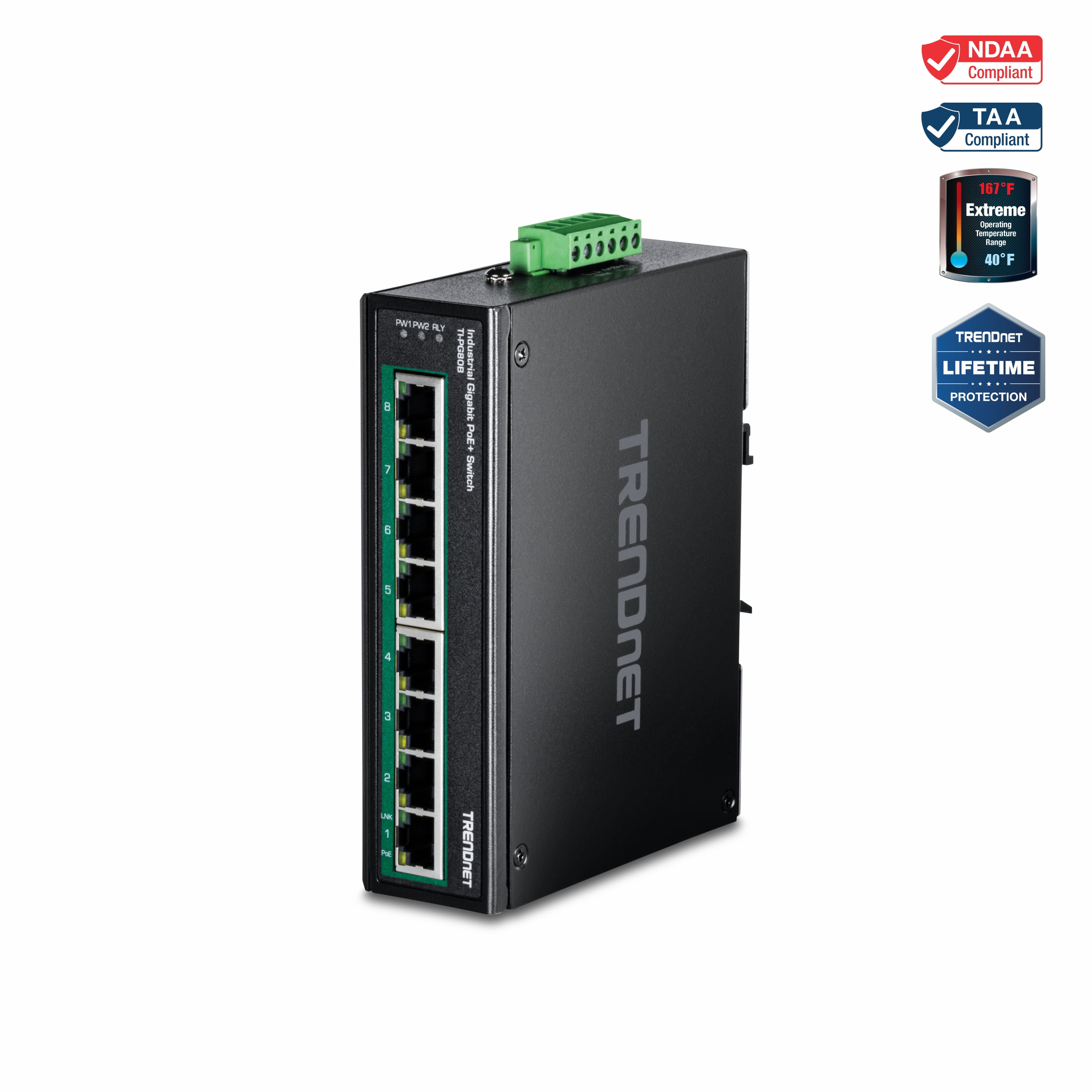 TRENDnet TI-PG80B 8-Port Industrial Gigabit PoE+ DIN-Rail Switch (24 – 56V)