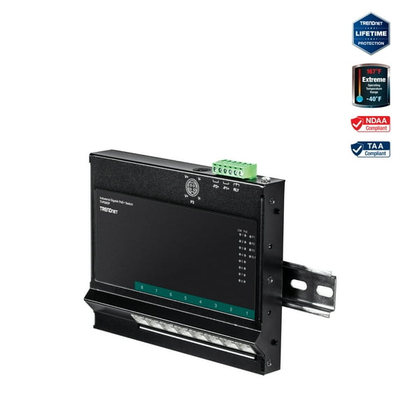 TRENDnet TI-PG80F,  8-Port Industrial Gigabit PoE+ Wall-Mounted Front
 Access Switch