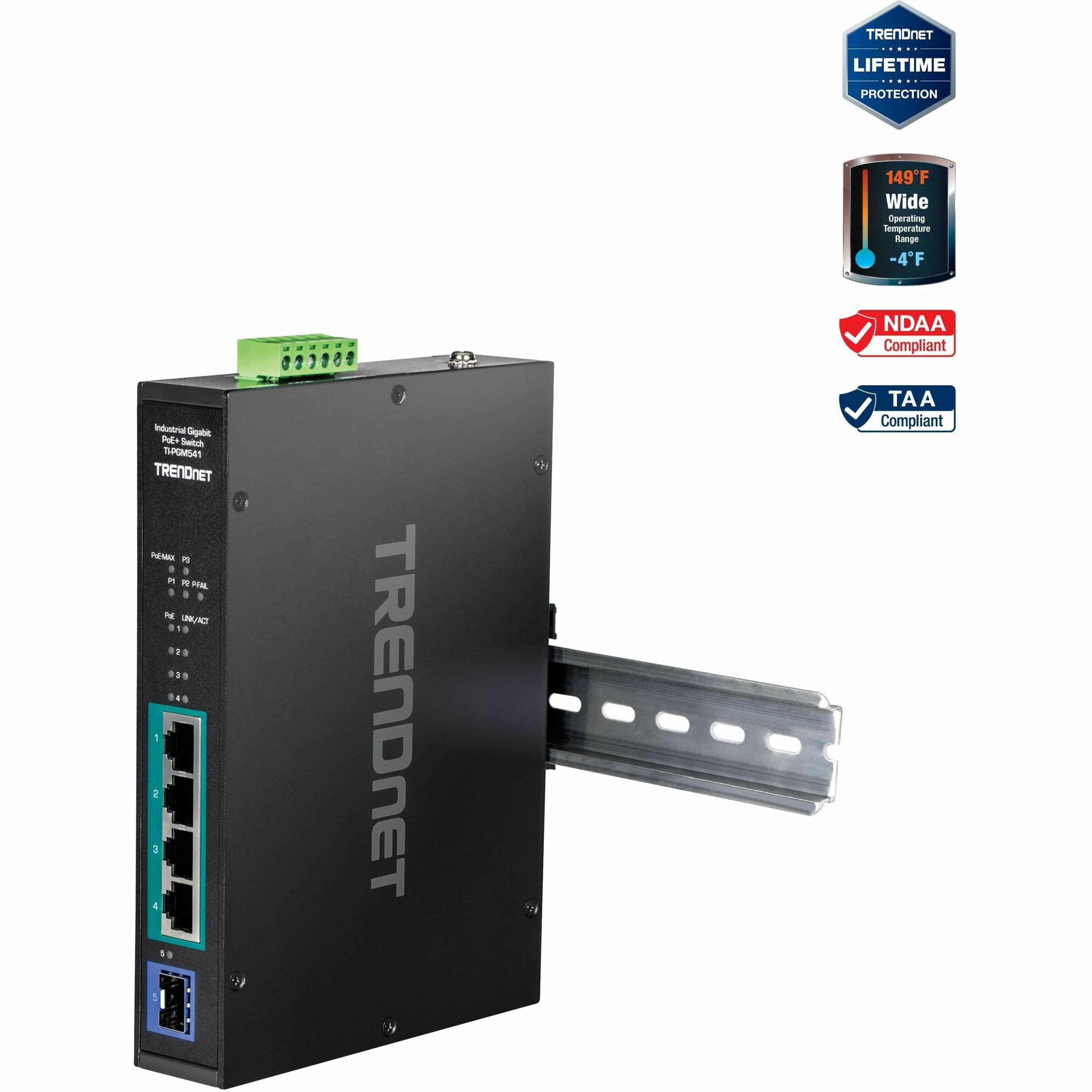 TRENDnet TI-PGM541, 5-port Industrial Gigabit PoE+ DIN-Rail Switch
-20° – 65°C (-4° – 149°F)