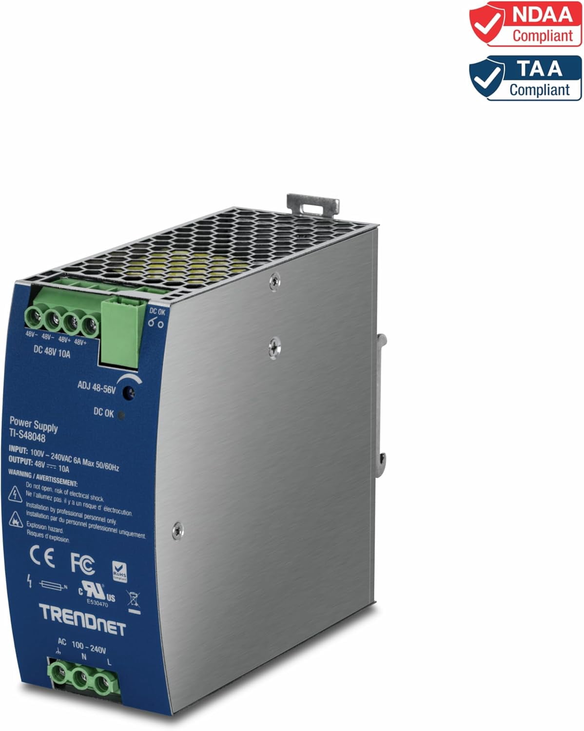 TRENDnet TI-S48048 480W, 48 – 56V DC, 10A AC to DC DIN-Rail Power Supply with PFC Function