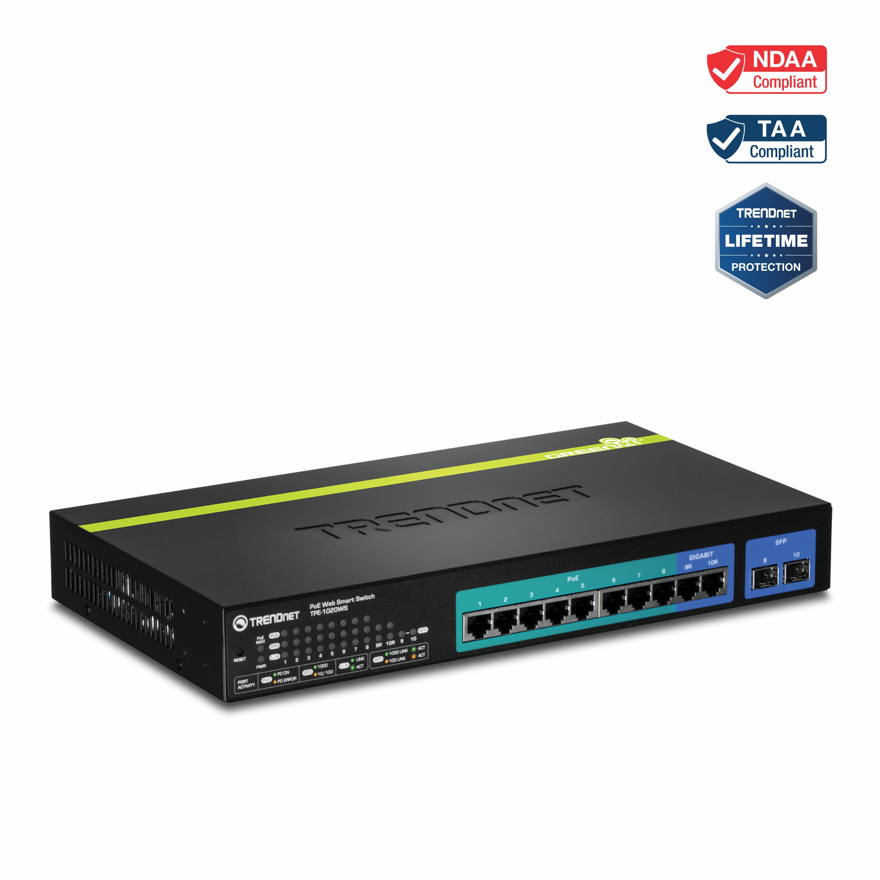 TRENDnet TPE-1020WS, 10-port Gigabit Web Smart PoE+ Switch /w 2 Shared Mini-GBIC slots