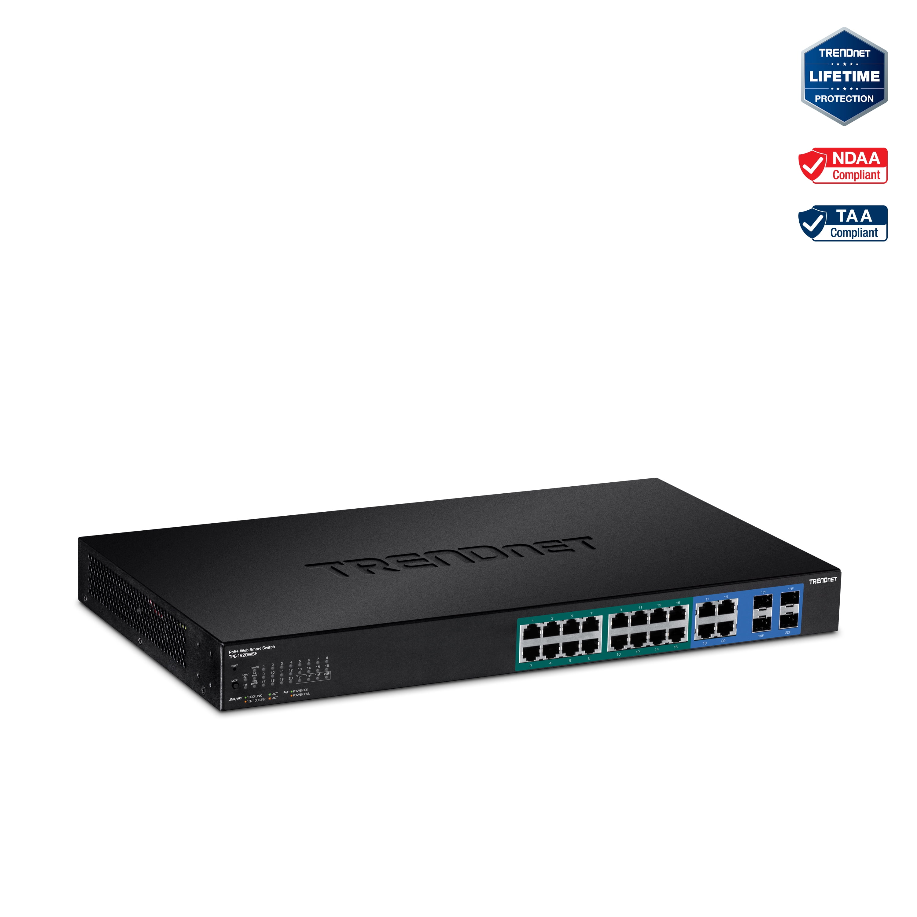 TRENDnet TPE-1620WSF,20-port Gigabit Web Smart POE+ Switch w/ 2 Shared SFP Slots