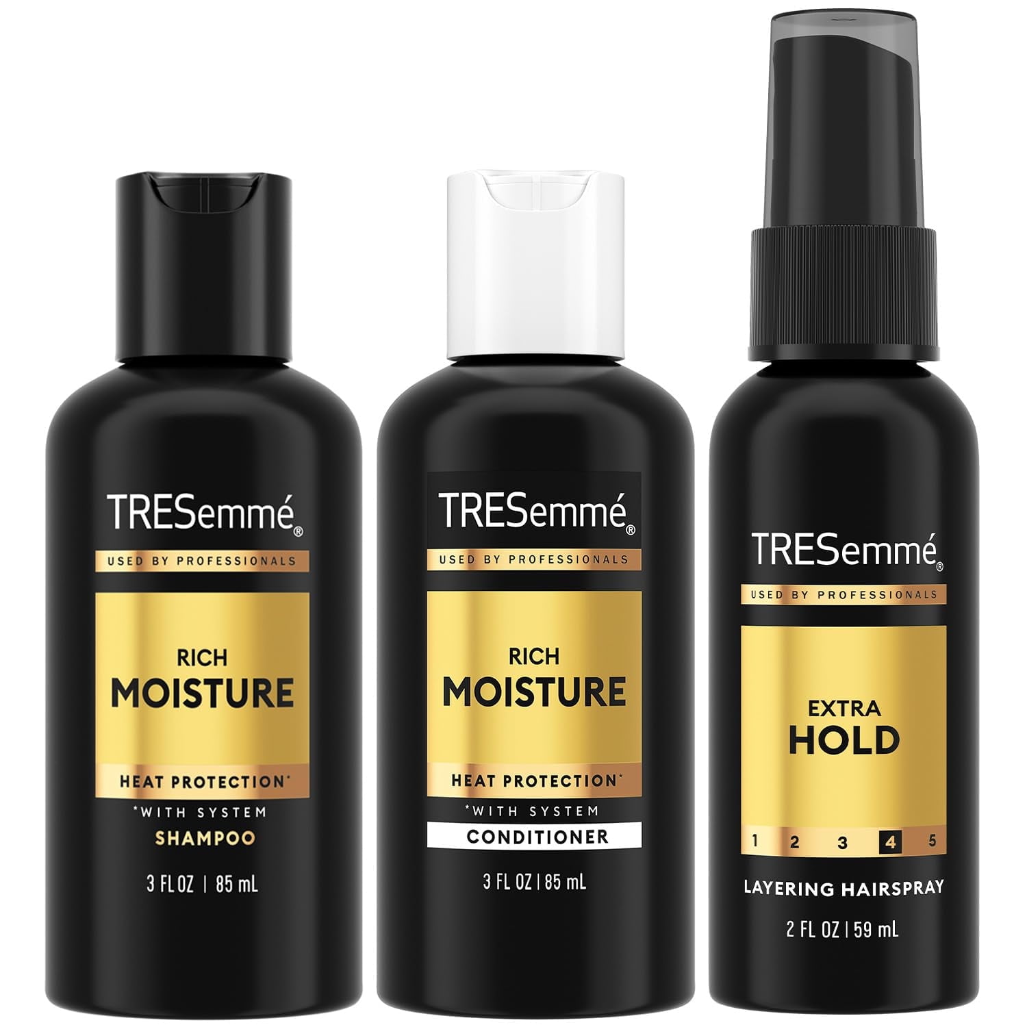 TRESemm Travel Shampoo, Conditioner & Hairspray Rich Moisture Hair Products + Non-Aerosol Hair Spray, 24H Frizz Control (3 Piece Set)