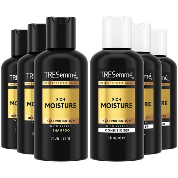 TRESemm Travel Essentials, Rich Moisture Shampoo 3-Pack + Conditioner 3-Pack Moisturizing Hair Care with Hyaluronic Acid, Paraben-Free, 3 Oz Ea
