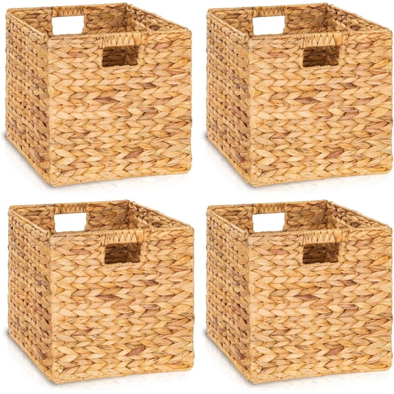 TREVIETDECOR 12.6x12.6in Wicker Storage Baskets, Handwoven Water Hyacinth Foldable Cube Bins Fit 13.6" × 13.6" and Larger Cube Shelves