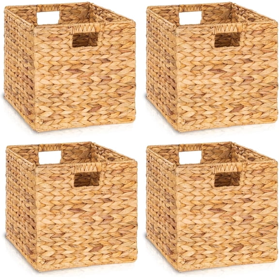 12.6x12.6in Wicker Storage Baskets (Fits Cubbies with 13.25"+ Inner Openings) - Handwoven Water Hyacinth Foldable Cube Bins for Shelves, Closets & Organizers