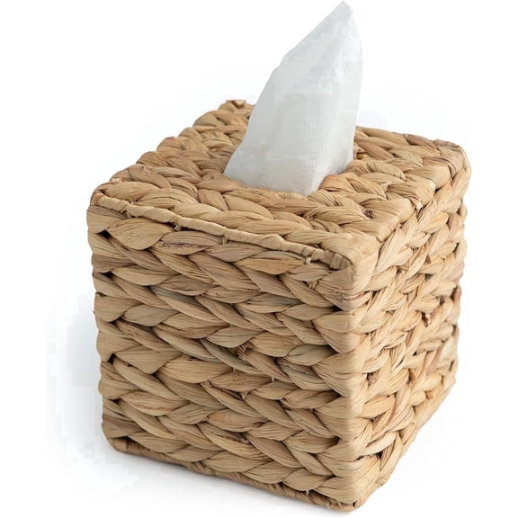 TREVIETDECOR Square Tissue Box Cover, Water Hyacinth Wicker Tissue Box Holder, Handwoven Cube Facial Tissue Cover for Bathroom, Bedroom, Table, Office Decor