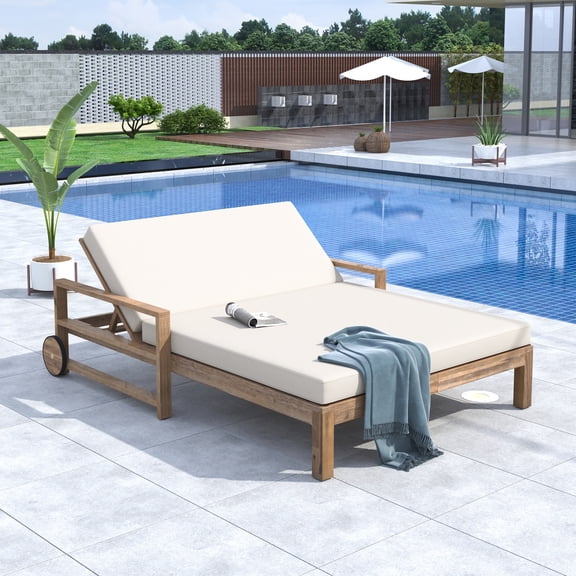TREXM 1-Piece Farmhouse-styled Wooden Outdoor Sunbed for Ultimate Relaxation Outdoor Daybed Seating 2 People for Poolside Garden and Backyard (Beig