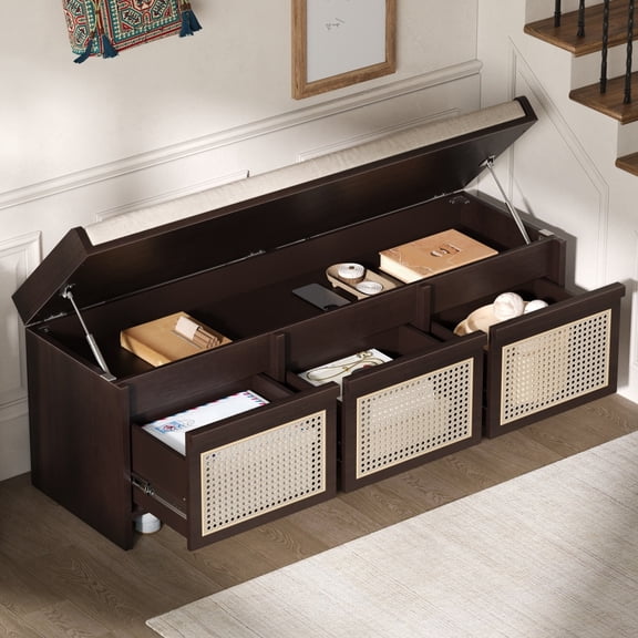 TREXM 48" Entryway Shoe Bench – Retro Storage Bench with Rattan Drawers & Removable Button-Tufted Upholstered Cushion, Wood Grain Finish for Living Room, Hallway, Foyer & Stair Landing, Espresso